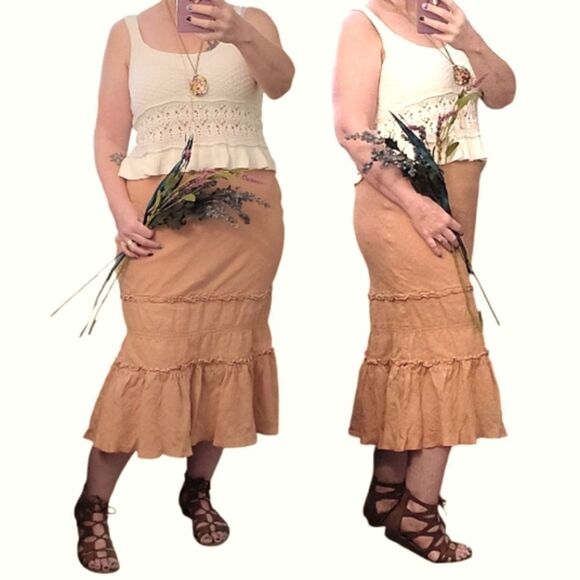 VTG Odille Anthropologie Beige Pull On 100% Linen Midi Skirt Size Medium - Picture 1 of 16
